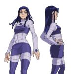  1girl ass blackfire breasts covered_navel dc_comics english_commentary hands_on_own_hips highres jenxd_d long_hair looking_at_viewer medium_breasts purple_eyes purple_hair simple_background skirt smile solo teen_titans thighhighs thighs white_background 