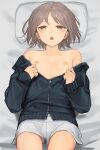  1boy bed_sheet brown_eyes brown_hair bulge collarbone highres jacket looking_at_viewer lying male_focus nipples off_shoulder on_back open_clothes open_jacket open_mouth original otoko_no_ko pillow short_hair shorts solo sunaba_(nczd5875) white_shorts 
