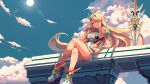  1girl armpits bare_shoulders blonde_hair blue_sky breasts chest_jewel cleavage cleavage_cutout clothing_cutout cloud crossed_legs dress earrings floating_hair full_body highres itzah jewelry long_hair looking_at_viewer microdress mythra_(xenoblade) pixel_art sitting sky smile solo sun swept_bangs sword tiara weapon white_dress white_footwear xenoblade_chronicles_(series) xenoblade_chronicles_2 yellow_eyes 