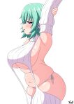  1girl absurdres breasts finana_ryugu fins from_side green_hair head_fins highres large_breasts looking_at_viewer looking_to_the_side meme_attire navel nijisanji nijisanji_en panties parted_lips plump purple_eyes ribbed_legwear ribbed_sleeves ribbed_sweater ribbed_thighhighs screentones side-tie_panties signature simple_background sleeveless sleeveless_sweater solo sweater turtleneck underwear virgin_destroyer_sweater virtual_youtuber vlack white_background white_sweater 