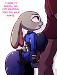 2023 3:4 absurd_res anthro belt big_breasts big_butt breasts butt clothing crossxvii dialogue disney ears_down english_text faceless_character faceless_male female fur grey_body grey_fur hi_res human imminent_sex judy_hopps lagomorph leaning_on_another leporid long_ears looking_at_another male male/female mammal open_mouth pink_nose pivoted_ears police_uniform purple_eyes rabbit scut_tail short_tail signature solo tail teeth text thick_thighs uniform wide_hips zootopia