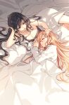  2girls arm_support bed black_hair blanket breasts brown_hair cleavage closed_eyes final_fantasy final_fantasy_xiv gaia_(ff14) highres holding_another&#039;s_hair long_hair lying multiple_girls on_side pajamas ryne_waters sleeping smile strap_slip wild5lee 