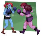  anthro blue_skin boxing boxing_gloves clothing deltarune difman eye_patch eyewear fish full-length_portrait marine portrait purple_skin scalie shirt sport sportswear standing susie_(deltarune) sweat tank_top topwear undertale undyne video_games 