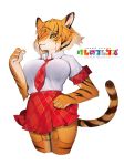  anthro bottomwear breasts clothing felid female hongdeng invalid_tag jaguar jaguar_(kemono_friends) kemono_friends looking_at_viewer mammal necktie pantherine simple_background skirt solo stripes white_background 