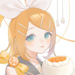  1girl anniversary aqua_eyes bare_shoulders blonde_hair bow cake food fruit grey_sailor_collar hair_bow hair_ornament hairclip happy_anniversary headphones headset highres holding holding_cake holding_food kagamine_rin looking_at_viewer neckerchief orange_(fruit) orange_slice sailor_collar short_hair sideways_glance solo sumire_rin swept_bangs tongue tongue_out treble_clef vocaloid yellow_bow yellow_neckerchief 