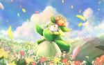 absurdres blurry bright_pupils cloud commentary_request day falling_petals field flower flower_field giovanni_(giogiofx0083) hands_up highres lilligant looking_at_viewer no_humans outdoors petals pokemon pokemon_(creature) rock sky solo white_pupils yellow_eyes 