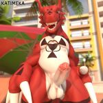 16:9 3d_(artwork) anthro balls bandai_namco bodily_fluids claws cum cum_on_penis digimon digimon_(species) digital_media_(artwork) erection genital_fluids genitals guilmon guilmon_(chocoscorner) hairless half-closed_eyes hi_res katimeka looking_at_viewer male mammal markings muscular muscular_male narrowed_eyes nude open_mouth penile penis red_body scalie smile solo spikes teeth text tongue widescreen