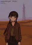  1girl black_pants blunt_bangs blush bomber_jacket brown_eyes brown_hair brown_jacket brown_shirt cloud cloudy_sky collared_shirt dated desert dusk floral_print haze high-waist_pants io_(onisarashi) jacket leather leather_jacket long_hair mountain open_clothes open_jacket original pants power_lines rural russian_text shirt sky solo transmission_tower twintails worried 