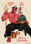  2boys abs absurdres armpit_hair armpit_hair_peek bara beard_stubble box bulge caldatelier christmas colored_skin contrast couple demon_boy demon_horns demon_tail elf english_text full_body gift gift_box hat highres horns interspecies large_pectorals long_tongue looking_at_viewer male_focus merry_christmas multicolored_horns multiple_boys muscular muscular_male mustache_stubble navel navel_hair nipple_piercing nipple_rings nipples original pectorals piercing planted pointy_ears polearm red_skin seductive_smile short_hair size_difference smile spread_legs tail thick_eyebrows thick_thighs thigh_straddling thighs tongue tongue_out topless_male trident weapon yaoi 