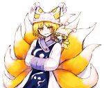  1girl absurdres blonde_hair closed_mouth commentary dress fox_girl fox_tail fumo_(doll) hands_in_opposite_sleeves hat highres kitsune long_sleeves looking_at_viewer mob_cap multiple_tails natucurage short_hair simple_background solo tabard tail touhou twitter_username white_background white_dress white_headwear yakumo_ran yellow_eyes 