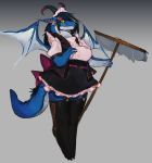  anthro blue_scales bottomwear breasts clothing dragon female gradient_background grey_background hongdeng horn looking_at_viewer maid_uniform scales simple_background skirt solo uniform wings 