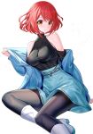  1girl bare_shoulders black_pantyhose blue_jacket blue_skirt blush breasts commentary_request feet_out_of_frame highres jacket large_breasts long_sleeves looking_at_viewer off_shoulder pantyhose pyra_(xenoblade) red_eyes red_hair ririko_(zhuoyandesailaer) short_hair sidelocks simple_background sitting skirt smile solo swept_bangs white_background xenoblade_chronicles_(series) xenoblade_chronicles_2 yokozuwari 