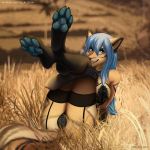  2019 4_toes 5_fingers anthro areola blue_areola blue_eyes blue_hair blue_nipples blue_pawpads breasts canid canine clothed clothing day detailed_background female fox grass hair looking_at_viewer mammal nipples outside pawpads pussy smile solo toes tril-mizzrim 
