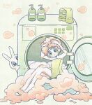  1girl absurdres aqua_eyes arms_up green_background highres looking_at_viewer naked_towel no_nose original otoboke_hoka rabbit signature sitting soap_bubbles solo towel washing_machine wide_shot 