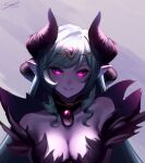  1girl bare_shoulders breasts circlet cleavage colored_skin decanee demon_girl demon_horns drill_hair gem glint grand_chase hair_ornament hatsusen highres horns large_breasts long_hair long_pointy_ears pointy_ears purple_eyes purple_gemstone purple_skin revealing_clothes sidelocks smile solo very_long_hair 