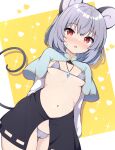  1girl adapted_costume animal_ears bikini black_skirt blue_capelet blush breasts cameltoe capelet cowboy_shot grey_bikini grey_hair heart highres jewelry looking_at_viewer mouse_ears mouse_tail navel nazrin open_mouth pendant red_eyes rizento short_hair skirt small_breasts solo swimsuit tail touhou 