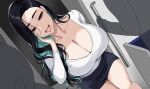  1girl black_hair black_skirt breasts cleavage collarbone colored_inner_hair commentary english_commentary green_hair hella_p large_breasts long_hair long_sleeves looking_at_viewer multicolored_hair open_mouth original red_eyes shirt skirt smile solo_focus thighs train_interior white_shirt 