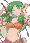  1girl absurdres bare_shoulders blue_eyes breasts collarbone feena_(grandia) grandia grandia_i green_hair hair_ornament hair_tubes highres holding holding_whip jewelry k_katora long_hair looking_at_viewer midriff navel necklace open_mouth simple_background skirt smile solo white_background wide_sleeves 