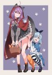  absurdres alice_in_wonderland animal_ears basket blue_hair boots halloween halloween_costume highres holding holding_basket little_red_riding_hood mismatched_socks purple_hair tail urushiushiru wolf_ears wolf_tail 