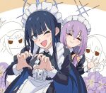  2girls apron atsuko_(blue_archive) black_dress blue_archive blue_eyes blue_hair closed_eyes closed_mouth dress flower halo heart heart_hands long_hair long_sleeves looking_at_viewer maid maid_headdress momomatang multiple_girls one_eye_closed open_mouth purple_hair saori_(blue_archive) sidelocks smile waist_apron waving white_apron 