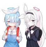  2girls arona_(blue_archive) backpack bag black_choker black_eyes black_hairband black_sailor_collar black_serafuku black_skirt blue_archive blue_dress blue_eyes blue_hair blue_halo blush braid choker closed_mouth colored_inner_hair deevile_0122 doodle_sensei_(blue_archive) dress hair_over_one_eye hairband halo highres long_hair long_sleeves looking_at_viewer multicolored_hair multiple_girls neckerchief peroro_(blue_archive) pink_hair plana_(blue_archive) pleated_skirt randoseru red_halo sailor_collar school_uniform sensei_(blue_archive) serafuku short_hair simple_background single_braid skirt smile upper_body white_background white_hair white_neckerchief 