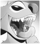  2018 alien angel_(lilo_and_stitch) antennae_(anatomy) border chest_markings digital_media_(artwork) disney duo experiment_(species) fur gradient_background greyscale inside_mouth kneeling lilo_and_stitch macro markings micro monochrome mouth_shot s2-freak saliva simple_background small_tail stitch vore white_border 