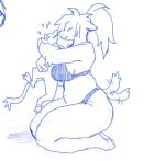 2021 ambiguous_gender anthro blue_and_white blue_line_art bra clothing digital_media_(artwork) duo embrace eyes_closed female hair hug kneeling kobold larger_female monochrome ponytail size_difference slightly_chubby smaller_ambiguous smile tail tail_motion tailwag thorn_paw underwear