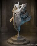 3d_(artwork) anthro canid canine claws clothed clothing digital_media_(artwork) european_mythology fox greek_mythology grey_body hair hand_behind_head hi_res howard_fox long_hair looking_at_viewer male mammal multi_tail mythology partially_clothed pecs sculpture smile solo standing statue tail