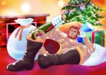  1boy abs alternate_costume bara beard boots bottle christmas christmas_tree covering_crotch covering_privates dark-skinned_male dark_skin elbow_gloves facial_hair fate/zero fate_(series) full_beard full_body genta_iwayama gloves hat hat_over_crotch iskandar_(fate) large_pectorals leather leather_boots male_focus mature_male muscular muscular_male nipples nude pectorals red_eyes red_hair red_headwear sack santa_costume santa_hat short_hair sideways_glance single_elbow_glove smile solo spread_legs thick_beard thick_eyebrows thick_thighs thighs wine_bottle 