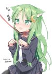  1girl animal_ears belt black_belt black_legwear black_serafuku black_skirt blush cat_ears cat_tail collar crescent crescent_hair_ornament dated eyebrows_visible_through_hair green_eyes green_hair hair_ornament kamu_(geeenius) kantai_collection kemonomimi_mode leash long_hair long_sleeves miniskirt nagatsuki_(kantai_collection) necktie open_mouth pantyhose paw_pose school_uniform serafuku simple_background skirt solo tail translated white_background white_neckwear 