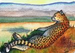  2019 ambiguous_gender black_spots cheetah claws felid feline feral fur jasiri landscape looking_away lying mammal painting_(artwork) paws rear_view signature solo spots spotted_fur traditional_media_(artwork) watercolor_(artwork) wolfgryph yellow_fur 
