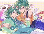  1boy 1girl blue_eyes bracelet cup dragon_quest dragon_quest_iv earrings ebira glasses green_hair hero_(dq5) heroine_(dq4) jewelry 