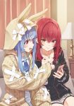  2girls absurdres animal_ears anno_masato bedroom black_jacket cellphone hair_ornament heterochromia highres hololive houshou_marine jacket looking_at_viewer multiple_girls on_bed open_mouth phone rabbit_ears red_eyes red_hair smartphone smile usada_pekora virtual_youtuber yellow_eyes 