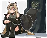  1girl animal_ear_fluff animal_ears arknights artist_name bare_shoulders black_choker black_hairband blonde_hair choker commentary_request donki_(yeah) expressionless extra_ears full_body gameplay_mechanics grey_eyes grey_shirt grey_tank_top hairband horn_(arknights) long_hair on_floor shirt sitting solo tank_top wolf_ears wolf_girl 