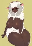  2019 anthro anthrofied areola belly big_breasts bovid breasts brown_skin buxbi caprine dark_skin digital_media_(artwork) female front_view fur horizontal_pupils huge_breasts mammal nintendo nipples pok&eacute;mon pok&eacute;mon_(species) pok&eacute;morph signature simple_background sitting slightly_chubby smile solo thick_thighs video_games voluptuous white_fur white_wool wide_hips wool wooloo yellow_sclera 