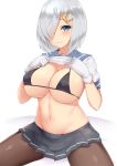  1girl bangs bikini blue_eyes blush breasts cleavage closed_mouth commentary_request covered_nipples eyebrows_visible_through_hair eyes_visible_through_hair gloves hair_ornament hair_over_one_eye hairclip hamakaze_(kantai_collection) highres holding kantai_collection kuavera large_breasts lifted_by_self looking_at_viewer micro_bikini navel pantyhose pleated_skirt school_uniform serafuku shirt_lift short_hair short_sleeves silver_hair simple_background sitting skindentation skirt smile solo spread_legs sweat swimsuit white_background white_gloves 