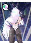  1girl animal_ears ass azur_lane breasts condom facing_away fishnets from_behind highres holding holding_tray huge_ass kearsarge_(all_night_charge)_(azur_lane) kearsarge_(azur_lane) large_breasts long_hair mechanical_parts pantyhose playboy_bunny ponytail rabbit_ears solo standing thighs tray white_hair yolo_generations 