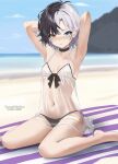  1girl armpits barefoot beach beach_towel bikini black_hair blue_eyes blush breasts choker dress earrings grey_hair heterochromia highres idol_corp jewelry legs looking_at_viewer multicolored_hair navel presenting_armpit red_eyes rin_penrose see-through see-through_dress short_hair single_earring sitting small_breasts solo split-color_hair sunset_skyline swimsuit towel virtual_youtuber wariza 