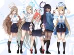  5girls :d :o absurdres akane_(blue_archive) asuna_(blue_archive) black_choker black_footwear black_gloves black_hair black_halo black_skirt black_socks blonde_hair blue_archive blue_bow blue_bowtie blue_cardigan blue_eyes blue_hair blue_halo blue_nails blue_ribbon blue_scrunchie bow bowtie braid brown_hair brown_halo cardigan cardigan_around_waist cellphone choker cleaning_&amp;_clearing_(blue_archive) clothes_around_waist collarbone commentary_request dark-skinned_female dark_skin double_v fang fingerless_gloves fingernails from_behind full_body glasses gloves gradient_hair hair_between_eyes hair_bow hair_over_one_eye hair_ribbon halo hand_in_pocket hands_in_pockets hands_up highres holding holding_phone jacket karin_(blue_archive) legs loafers long_hair long_sleeves looking_at_viewer multicolored_hair multiple_girls nahanmin nail_polish neru_(blue_archive) phone pleated_skirt purple_hair purple_halo red_eyes red_footwear ribbon school_uniform scrunchie shirt shoes single_braid skin_fang skirt smile socks standing thighs toki_(blue_archive) two-tone_hair v very_long_hair white_jacket white_shirt wrist_scrunchie yellow_eyes 