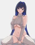  blue_eyes blue_hair breasts hand_on_own_chest highres hololive hololive_english kneeling large_breasts looking_at_viewer meme_attire on_floor ouro_kronii sitting spread_legs stomach sweater underboob virgin_destroyer_sweater wariza zeropen 