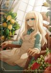  1girl apple apron blue_dress blue_ribbon chair dress food fruit grapes gredell_elle highres leaf lemon long_sleeves mili_(band) neck_ribbon painting_(object) ribbon sitting solo tree white_apron window 