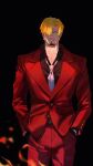  1boy beard black_background black_shirt blonde_hair blue_eyes cigarette collared_shirt colored_skin curly_eyebrows facial_hair fire hair_between_eyes hair_over_one_eye hands_in_pockets highres holding holding_cigarette looking_at_viewer male_focus necktie one_piece pants red_pants red_suit sanji_(one_piece) serious shirt short_hair solo standing suit sweetdou3 white_necktie white_skin 