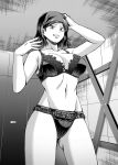  1girl absurdres arms_up bare_arms bare_legs bare_shoulders bdsm bikini black_hair bondage bound breasts cleavage femdom greyscale highres indoors large_breasts monochrome original short_hair solo stomach swimsuit underwear yamakeitokokoro 
