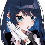  1girl :o ado_(utaite) black_bow black_bowtie black_jacket blue_eyes blue_hair blush bow bowtie chando_(ado) cloud_nine_inc colored_inner_hair commentary dark_blue_hair gloves highres jacket long_hair long_sleeves looking_at_viewer mole mole_under_eye multicolored_hair open_mouth own_hands_together riseno shirt sidelocks simple_background solo tearing_up upper_body utaite white_background white_gloves white_shirt 