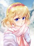  1girl alice_margatroid blonde_hair blue_coat blue_eyes close-up cloud cloudy_sky coat dungeon_toaster hairband highres looking_at_viewer open_mouth pink_scarf red_hairband scarf short_hair sky solo touhou 