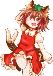  1girl :d animal_ear_fluff animal_ear_piercing animal_ears arm_up blush bow bowtie brown_eyes brown_hair cat_ears cat_tail chen clenched_hand commentary_request earrings fang flat_chest foot_out_of_frame frills gold_trim green_headwear hair_between_eyes hat jewelry juliet_sleeves leg_up long_sleeves looking_at_viewer mob_cap multiple_tails nekomata open_mouth petite petticoat puffy_sleeves red_skirt red_vest shiromamekei short_hair simple_background single_earring skirt skirt_set smile solo standing standing_on_one_leg tail touhou two_tails vest white_background white_bow white_bowtie 