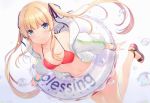  1girl 6u_(eternal_land) absurdres bangs bare_shoulders bikini blonde_hair blue_eyes bracelet breasts collarbone highres innertube jewelry long_hair navel red_bikini saenai_heroine_no_sodatekata scan see-through shiny shiny_hair simple_background small_breasts solo stomach swimsuit twintails 