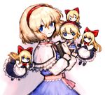  5girls alice_margatroid black_dress blonde_hair blue_dress blue_eyes book bow capelet closed_mouth commentary dress fumo_(doll) hair_bow hairband highres holding holding_book long_hair long_sleeves looking_at_viewer multiple_girls natucurage red_bow red_hairband shanghai_doll short_hair simple_background smile touhou twitter_username white_background white_capelet 