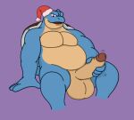 anthro balls belly big_balls big_belly big_pecs big_penis blastoise blue_body christmas christmas_clothing christmas_headwear clothing erection generation_1_pokemon genitals hand_on_penis hat headgear headwear hi_res holidays looking_at_viewer male masturbation motion_lines multicolored_body musclegut nintendo nude nude_anthro open_mouth pecs penile penile_masturbation penis pokemon pokemon_(species) purple_eyes santa_hat shell solo tail tan_body tongue waniiime_(artist)