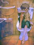  1boy 2ru4shi bandage_over_one_eye bandages barefoot blood blood_on_face brown_hair child child_abuse commentary cuts green_shorts highres injury looking_at_viewer male_focus original shorts sink sitting symbol-only_commentary tile_wall tiles toes toilet yellow_eyes 